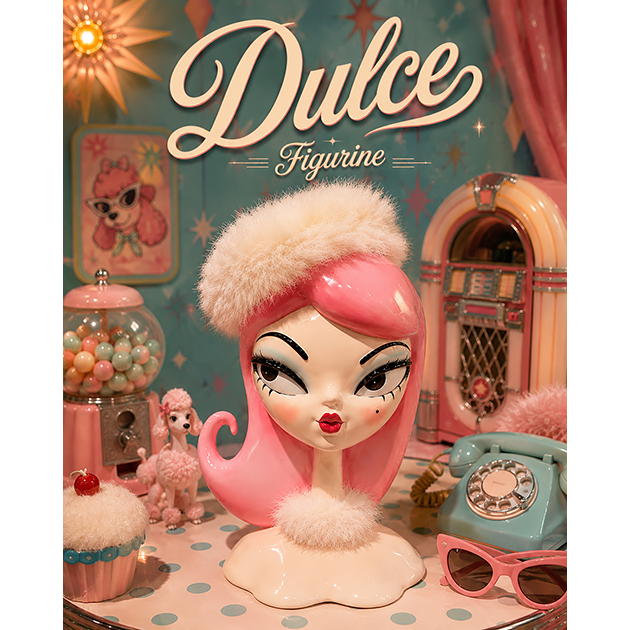 Miss fluff Dulce figurine with pink hair and fur headband in a retro-themed setting