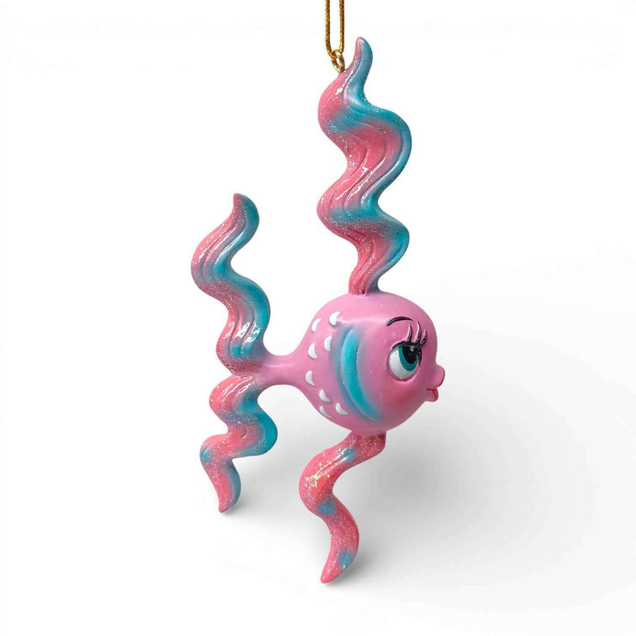 Miss Flirty Fins 4.5 inch Pink Prissy Fish ornament by Miss Fluff for December Diamonds, retro tiki collectible