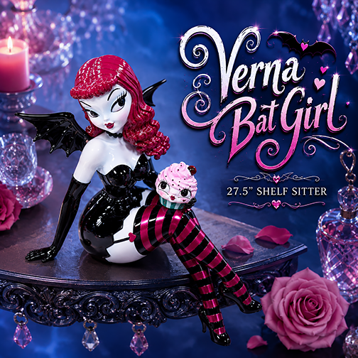 Miss fluff Verna Bat Girl figurine with red hair and bat wings on a decorative platform with roses and candles.