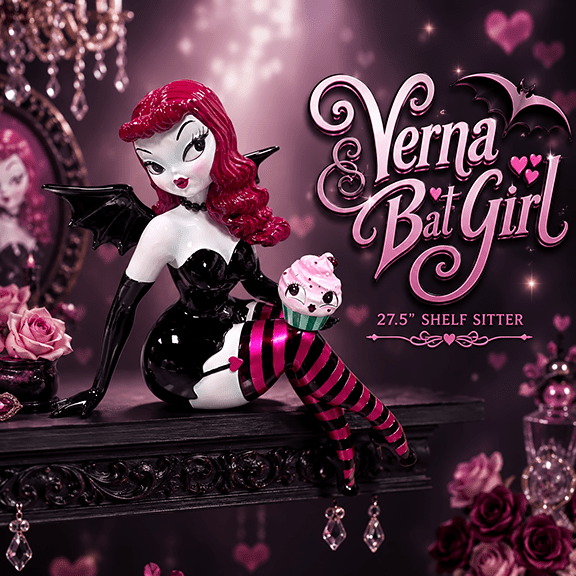 Miss fluff Verna Bat Girl figurine with red hair and black outfit on a decorative shelf with roses and jewelry.