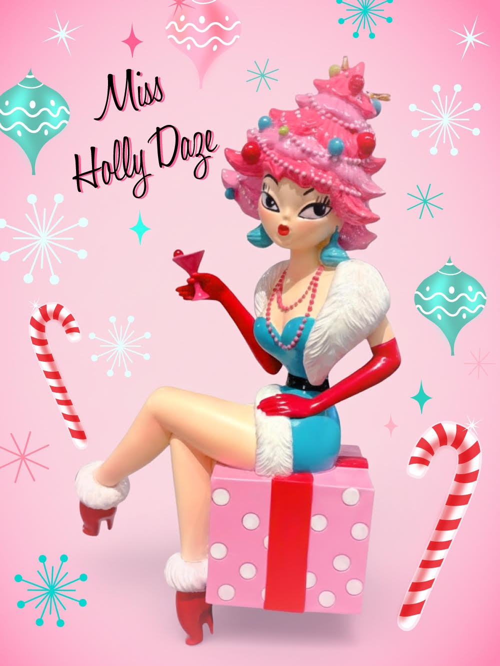 Miss Holly Daze 6.5" Martini Lady on Present Ornament | Miss Fluff December Diamonds – SHIPS JULY