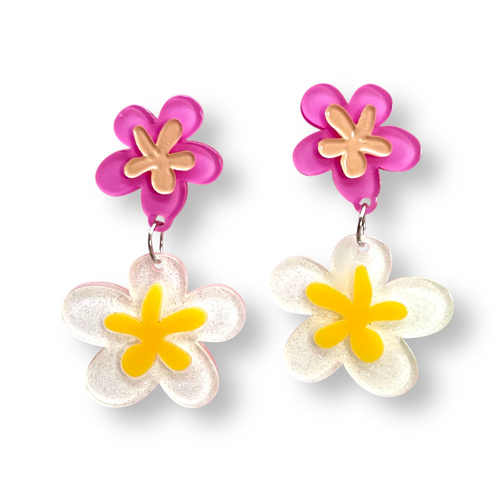 Floral Fantasy acrylic flower earrings by Miss Fluff x Lipstick & Chrome — pink hibiscus with yellow and white details