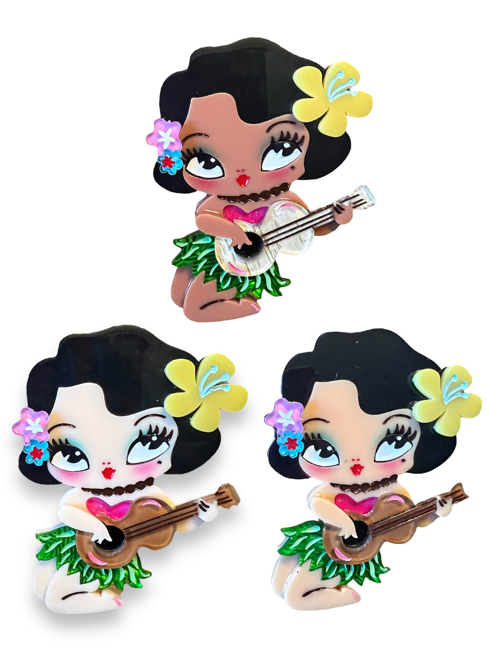 Hula Lula Tiki Girl Brooch by Miss Fluff x Lipstick & Chrome — medium skin tone with ukulele and grass skirt