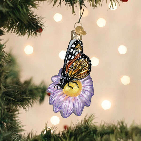 Old World Christmas Monarch Butterfly on Flower Blown Glass Ornament