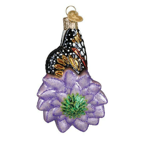 Old World Christmas Monarch Butterfly on Flower Blown Glass Ornament