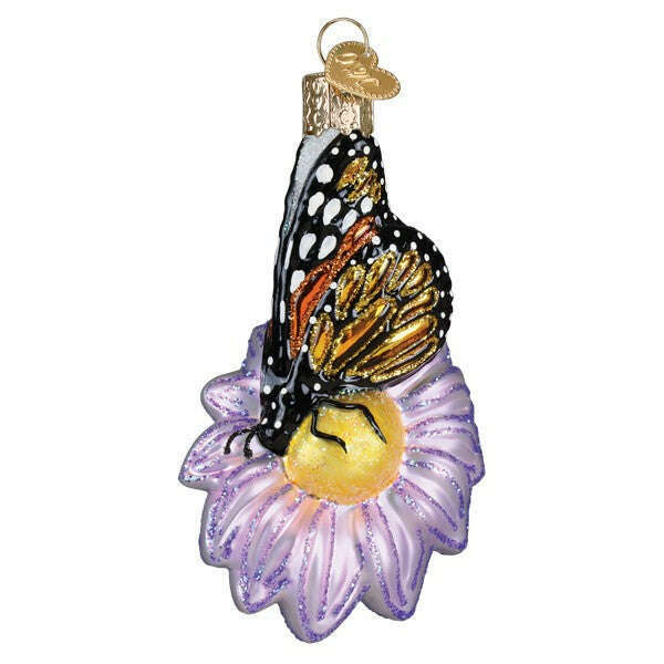 Old World Christmas Monarch Butterfly on Flower Blown Glass Ornament