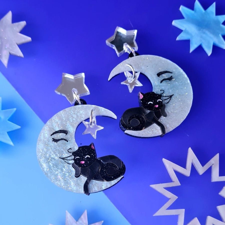 Moon Dreamer Cat Earrings by Cherryloco Jewellery