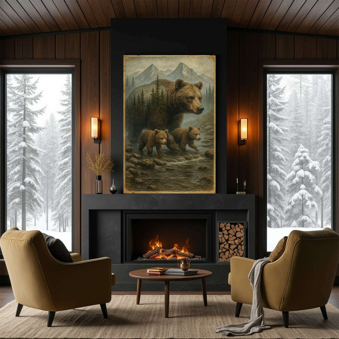 Mother Bear and Cubs Crossing Double Exposure Wall Art