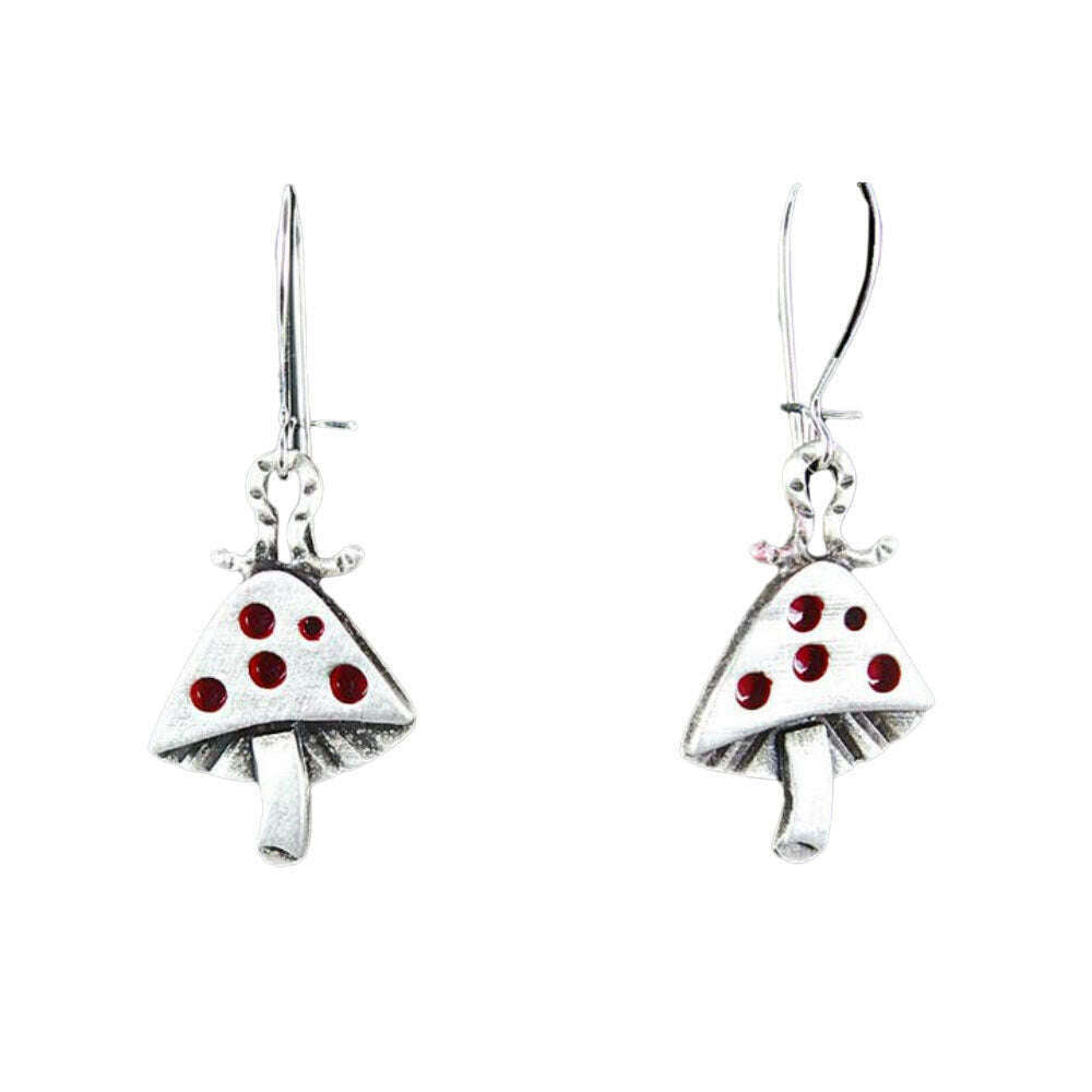 Chickenscratch Mushroom Earrings — cast sterling silver mushroom charm earrings with inchworm topper and red enamel accents, sterling silver kidney ear wires