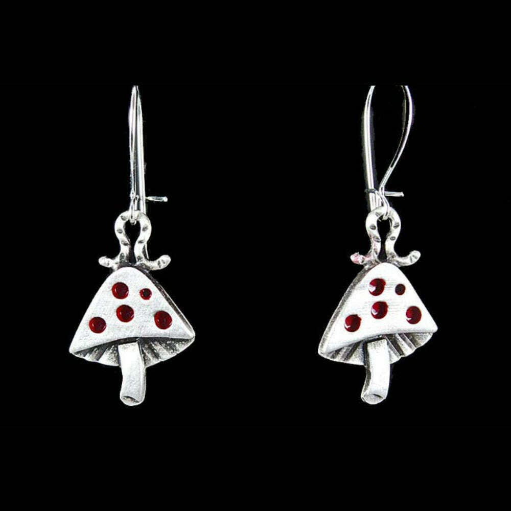 Chickenscratch Mushroom Earrings detail — artisan sterling silver mushroom and inchworm earrings handmade in USA