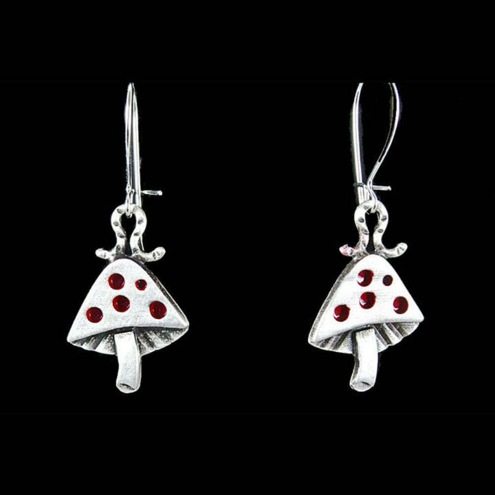 Chickenscratch Mushroom Earrings detail — artisan sterling silver mushroom and inchworm earrings handmade in USA