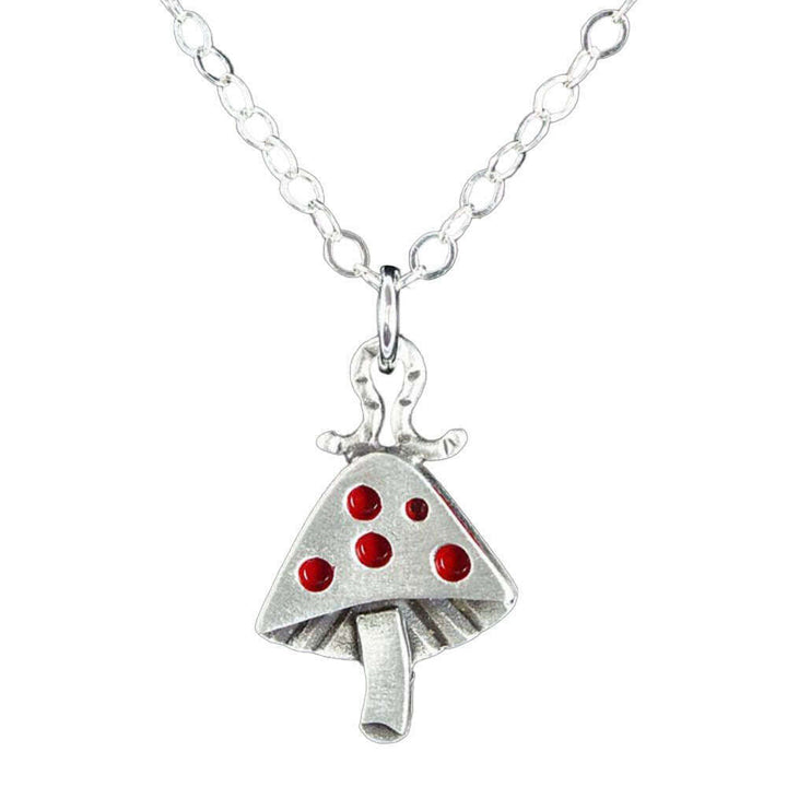 Chickenscratch Mushroom Necklace — cast sterling silver mushroom pendant with red enamel accents and inchworm hanger on 18-inch sterling silver chain