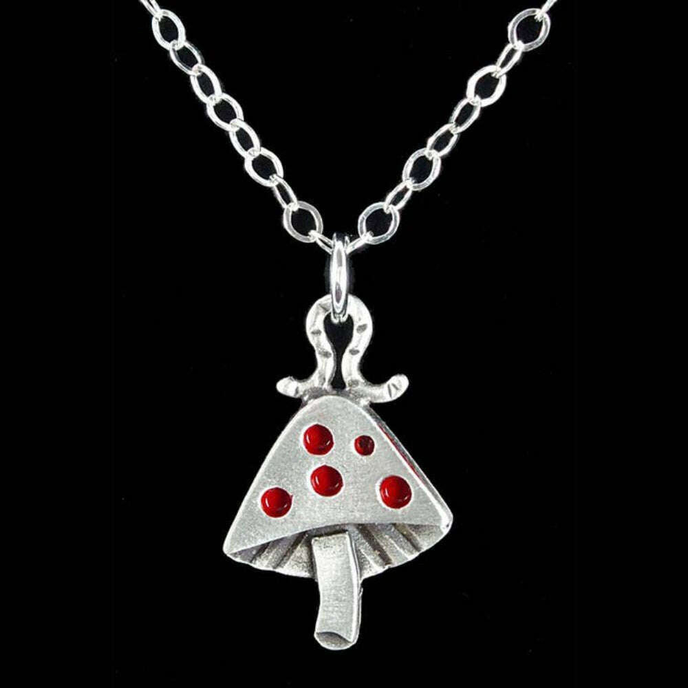 Chickenscratch Mushroom Necklace detail — artisan sterling silver mushroom charm necklace with inchworm handmade in USA