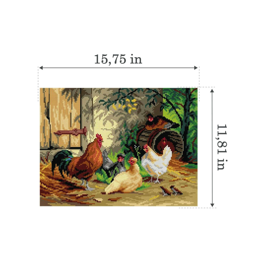 Needlepoint canvas for halfstitch without yarn after Carl Jutz the Elder - Chickens in front of the Stable 3288J - Printed Tapestry Canvas
