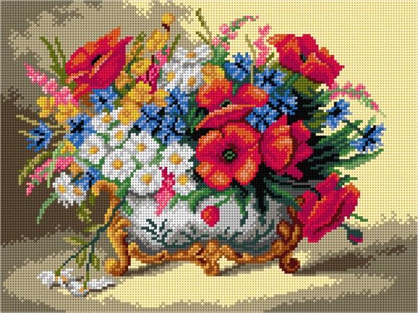 Needlepoint canvas for halfstitch without yarn after Eugene Henri Cauchois - Poppies, Daisies, and Mixed Summer Flowers 3233J - Printed Tapestry Canvas