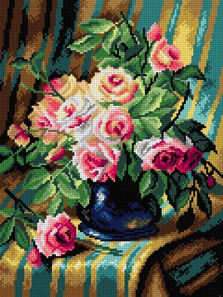 Needlepoint canvas for halfstitch without yarn after Frans Mortelmans - Still Life with Pink Roses 2899J - Printed Tapestry Canvas