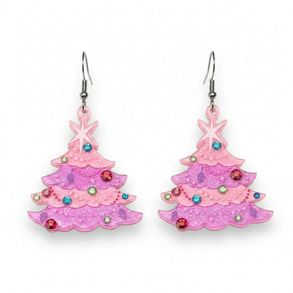 Pinkmas Glam Brooch by Miss Fluff x Lipstick & Chrome — Pink Christmas Tree Pin And earrings Kitsch