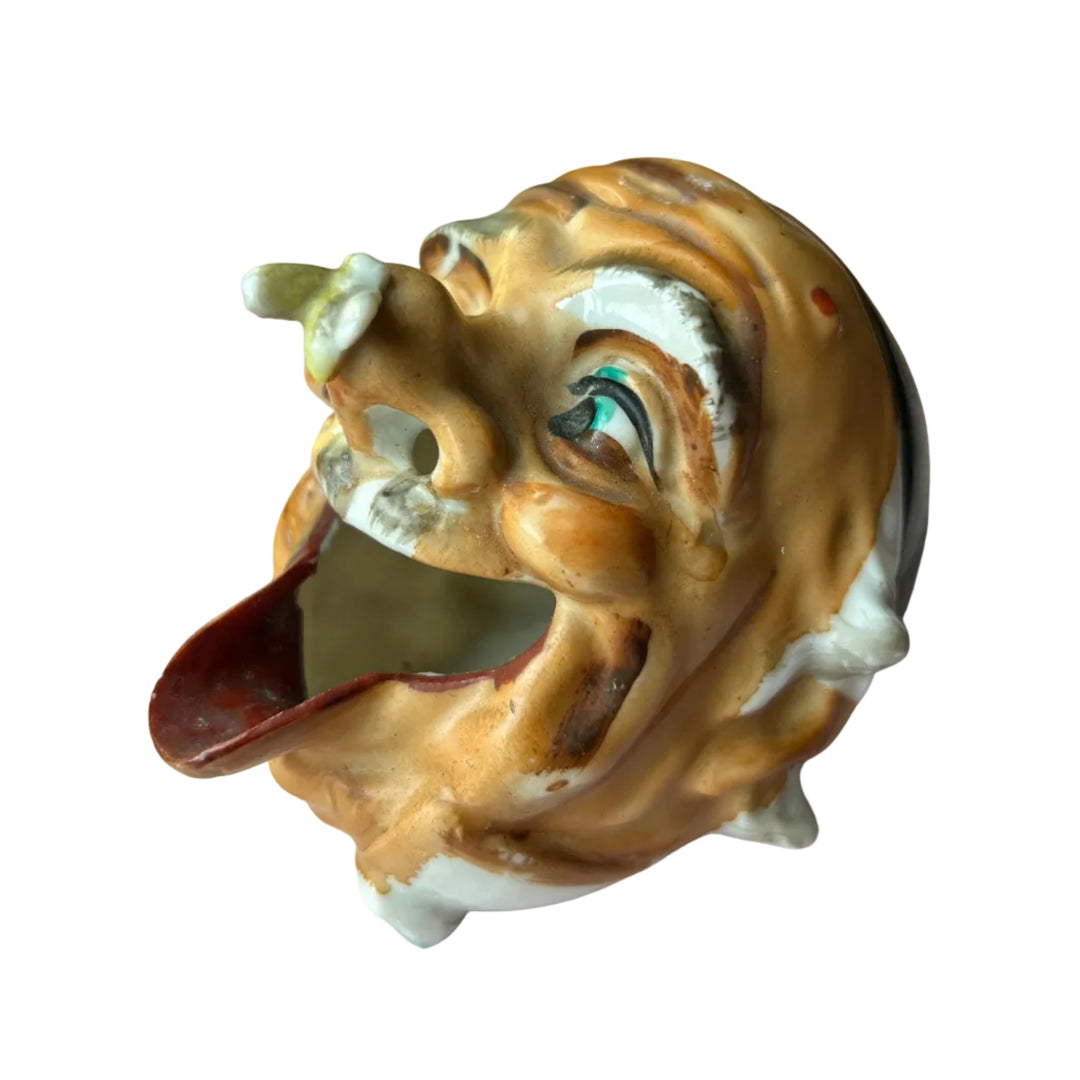 Vintage Japan laughing old man head ashtray with fly