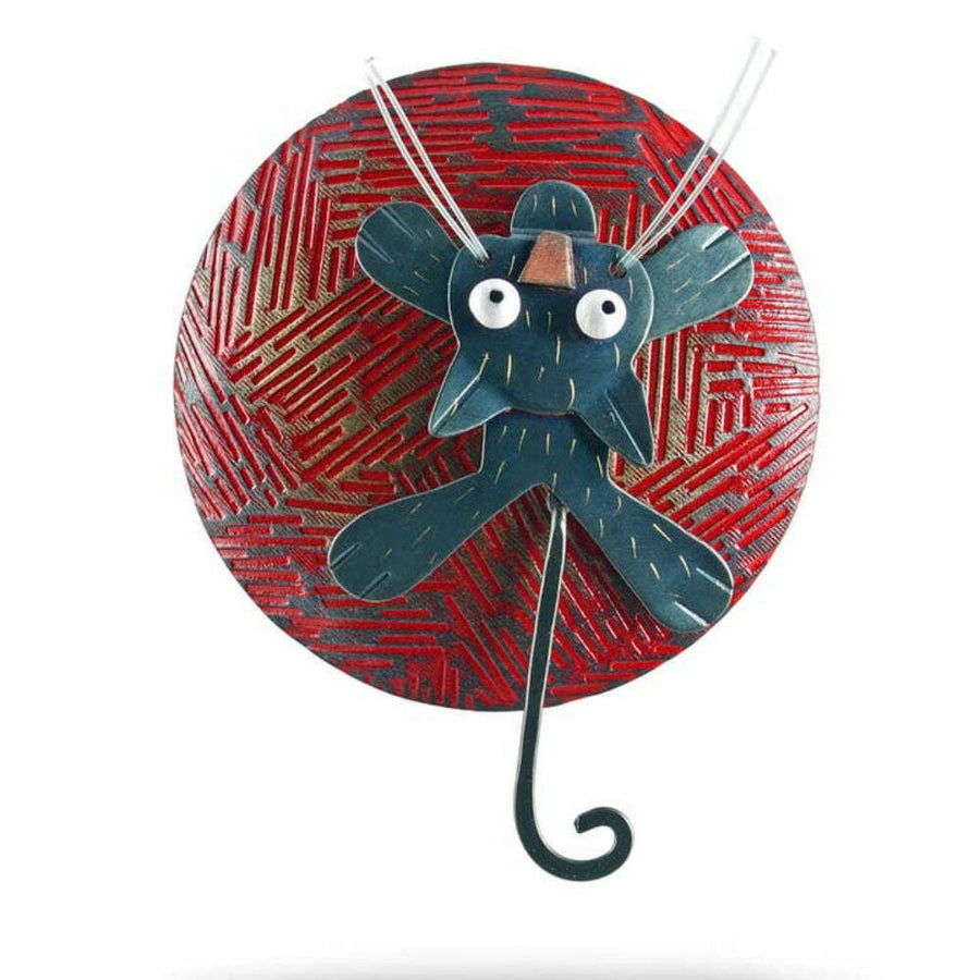 Chickenscratch On the Ball Brooch and Pendant — handmade black cat clinging to brass yarn ball with swinging tail, monofilament whiskers, convertible pin and pendant