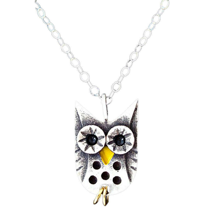 Chickenscratch Owl Necklace — cast sterling silver owl charm necklace with enamel accents and gold-plated dangling talons on 18-inch sterling silver chain