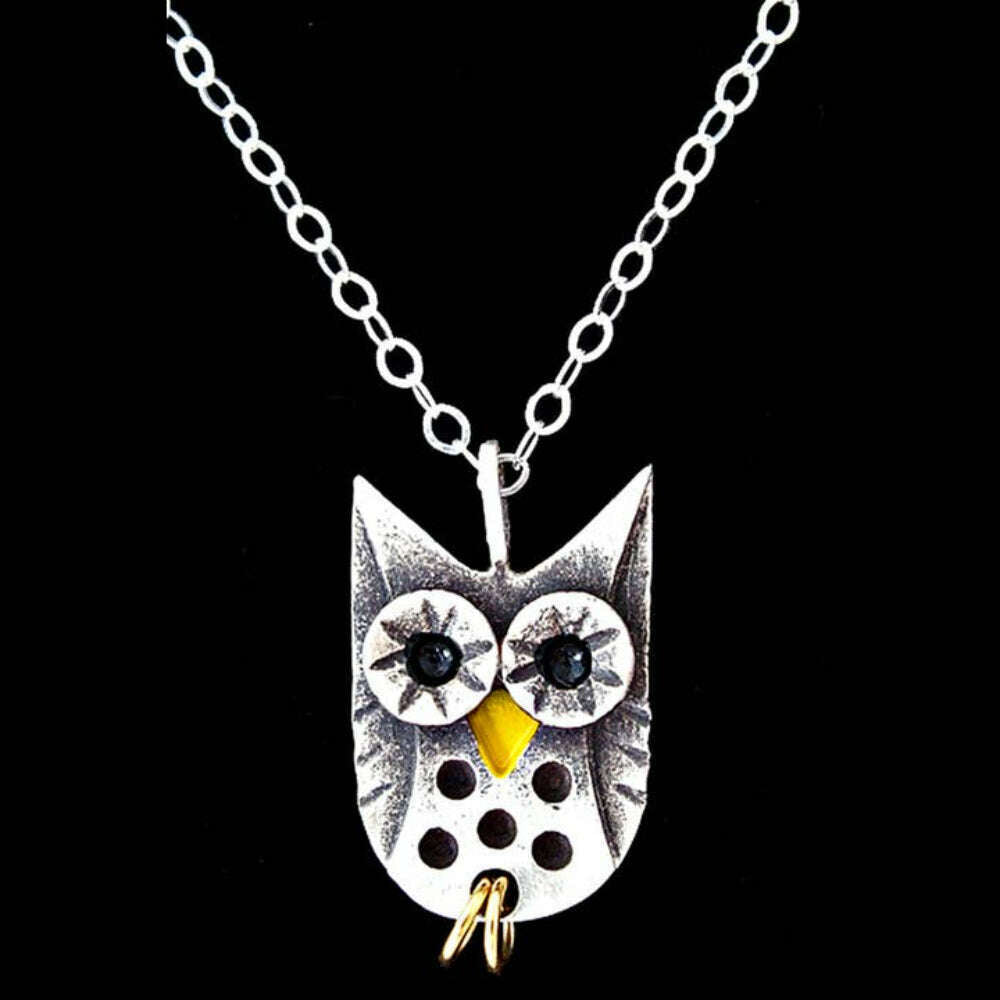 Chickenscratch Owl Necklace detail — artisan sterling silver owl pendant with gold talons handmade in USA