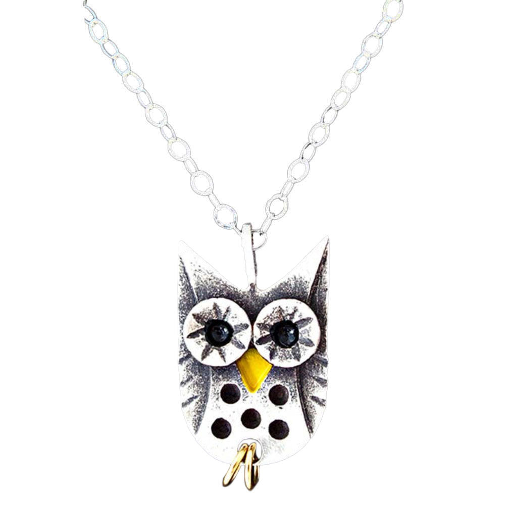 Chickenscratch Owl Necklace — cast sterling silver owl charm necklace with enamel accents and gold-plated dangling talons on 18-inch sterling silver chain