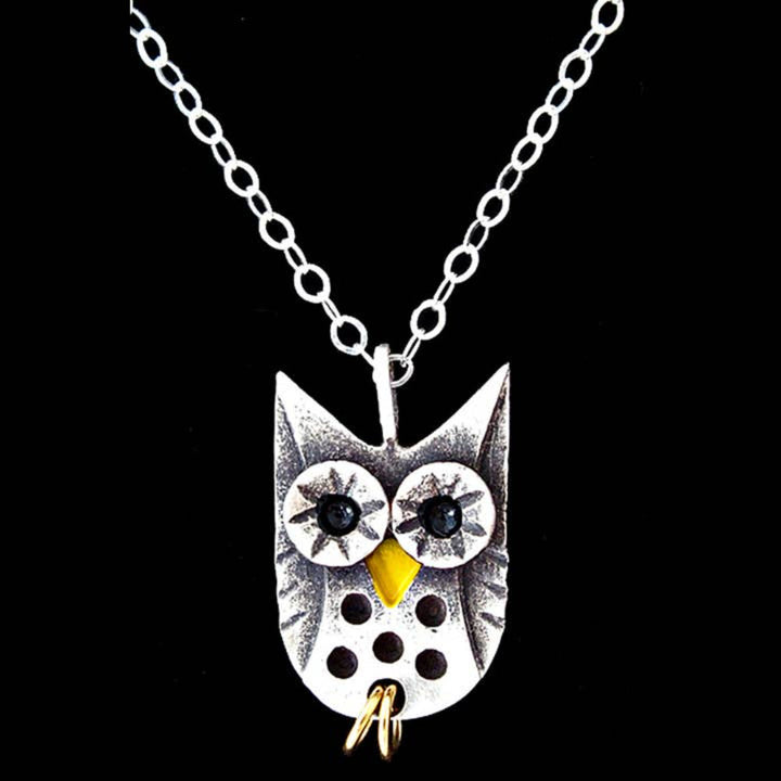 Chickenscratch Owl Necklace detail — artisan sterling silver owl pendant with gold talons handmade in USA