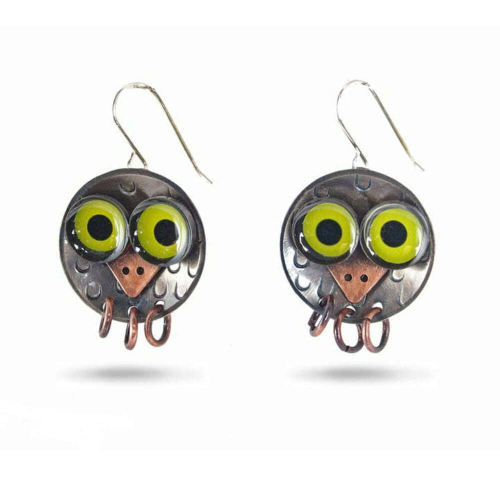 Chickenscratch Owlet Earrings — handmade nickel silver baby owl earrings with moving copper talons, copper beaks, and green epoxy resin eyes, sterling silver ear wires