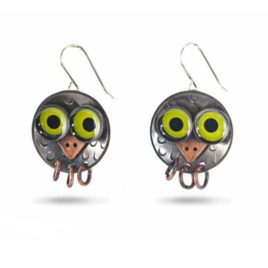 Chickenscratch Owlet Earrings — handmade nickel silver baby owl earrings with moving copper talons, copper beaks, and green epoxy resin eyes, sterling silver ear wires