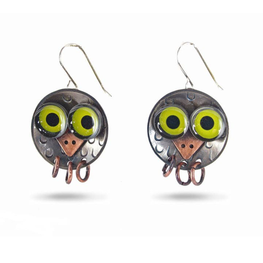 Chickenscratch Owlet Earrings — handmade nickel silver baby owl earrings with moving copper talons, copper beaks, and green epoxy resin eyes, sterling silver ear wires