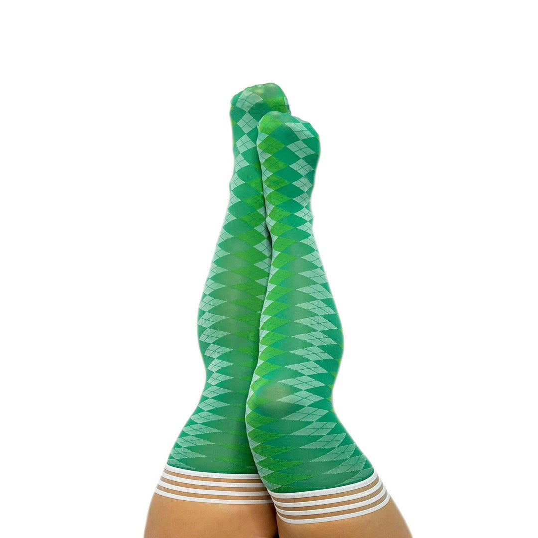 Par 4 - Green Argyle Thigh Highs. Petite to Plus Size