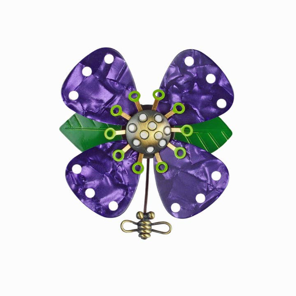 Chickenscratch Passionflower Brooch — handmade sculptural bold flower brooch with purple guitar pick petals, multi-layer brass fabrication, hand-sharpened pin stem