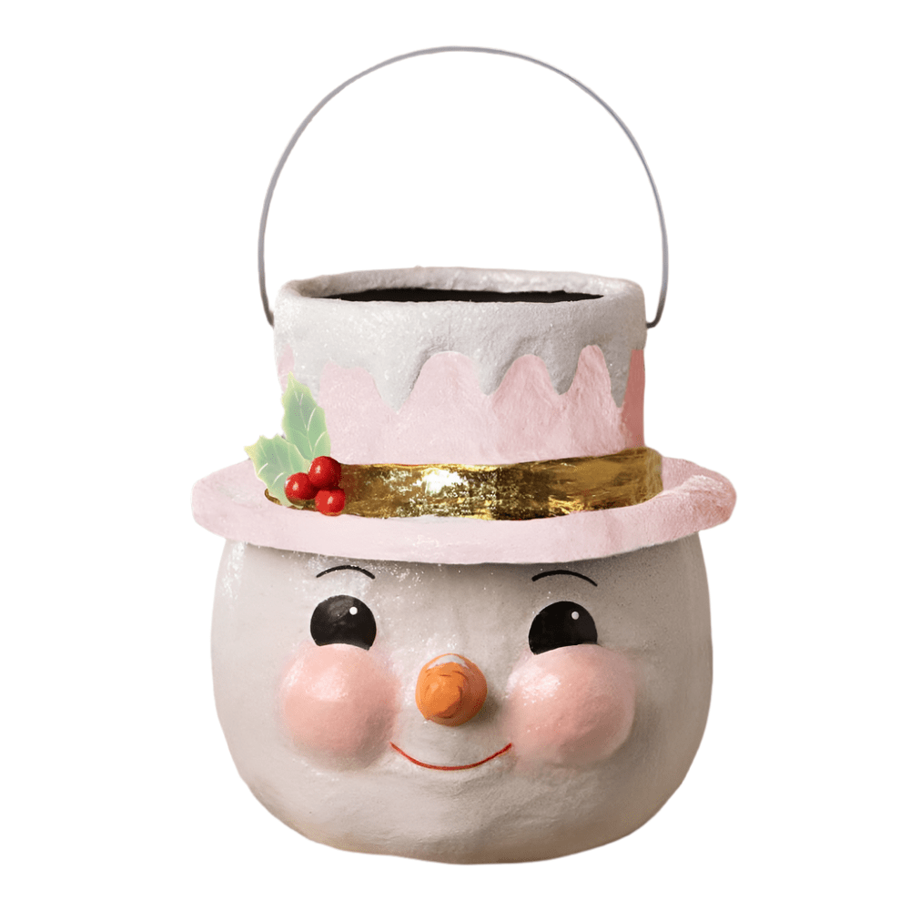 Paper mache snowman bucket with a pink hat by Bethany Lowe