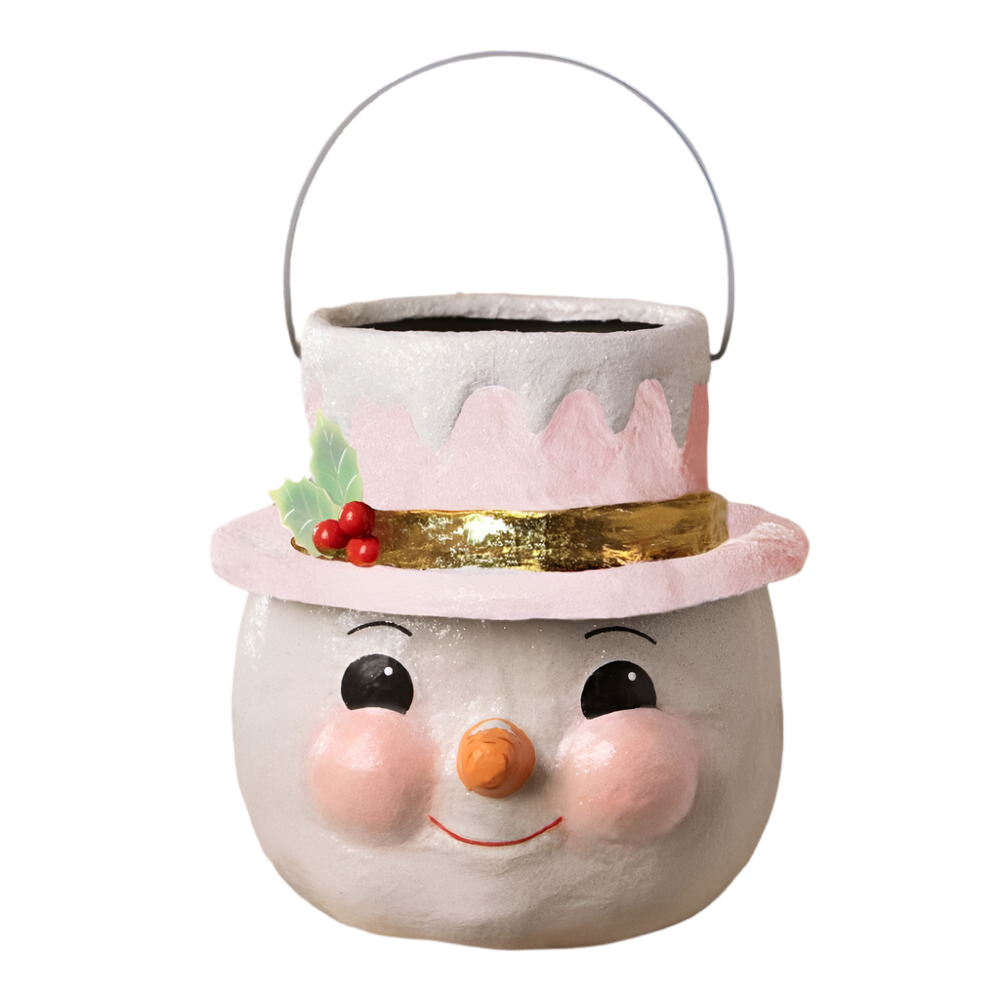 Pastel Holly Hat Snowman Bucket By Bethany Lowe Designs