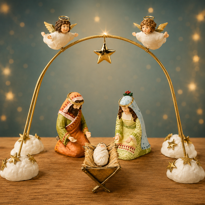 patience brewster Nativity scene with Mary, Joseph, and baby Jesus under a gold arch with angels and stars.