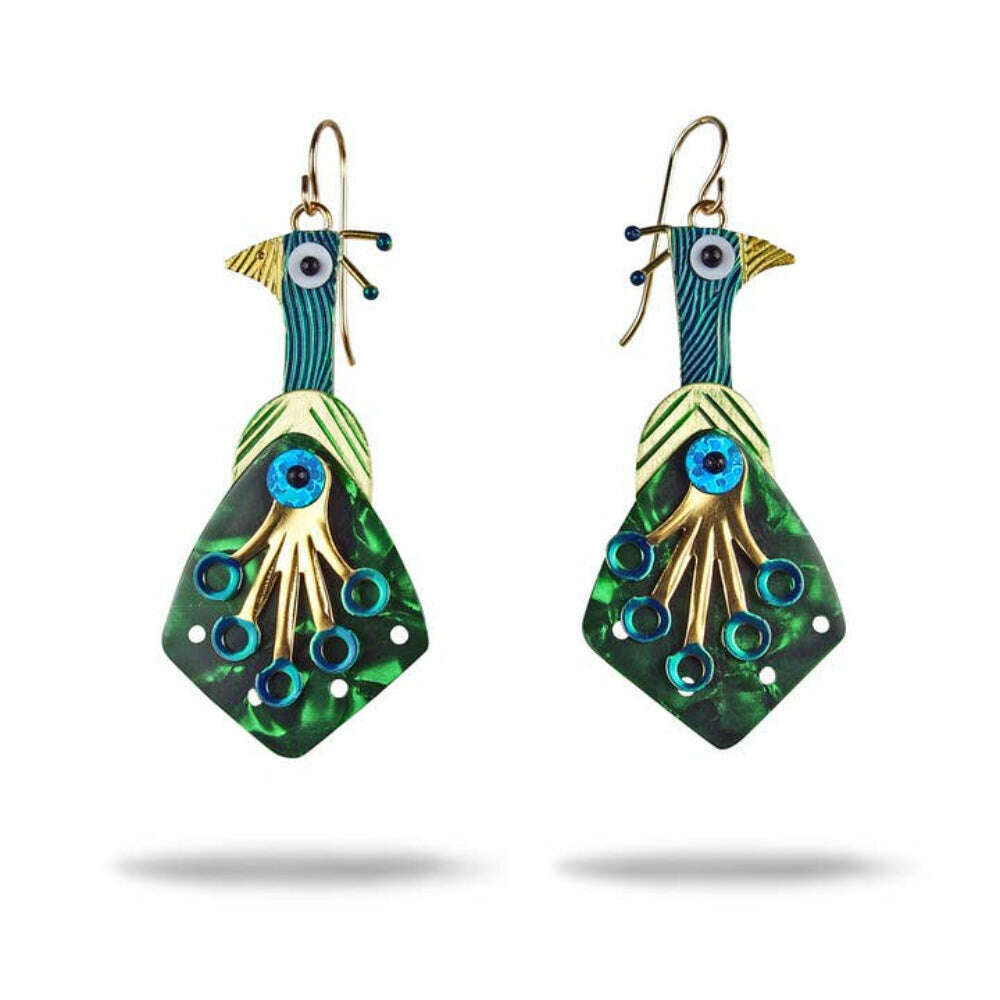 Chickenscratch Peacock Earrings — handmade textured brass peacock earrings with blue and green enamel accents, guitar pick tail with prismatic rivet, sterling silver ear wires