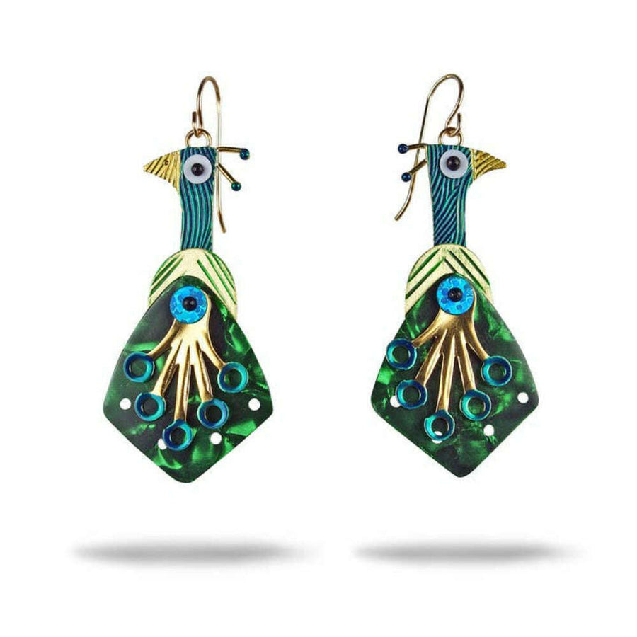 Chickenscratch Peacock Earrings — handmade textured brass peacock earrings with blue and green enamel accents, guitar pick tail with prismatic rivet, sterling silver ear wires