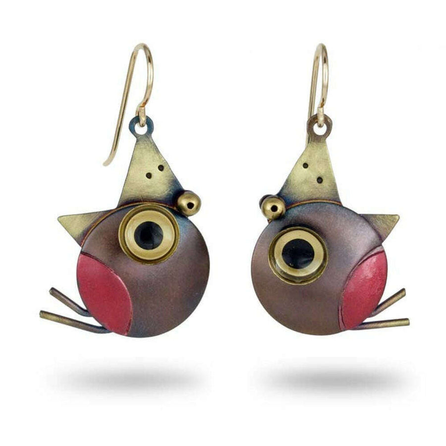 Chickenscratch Peckish Robin Earrings — handmade brass baby robin earrings with mocha oxidation, mica red breasts, antiqued beaks and feet, gold-filled ear wires