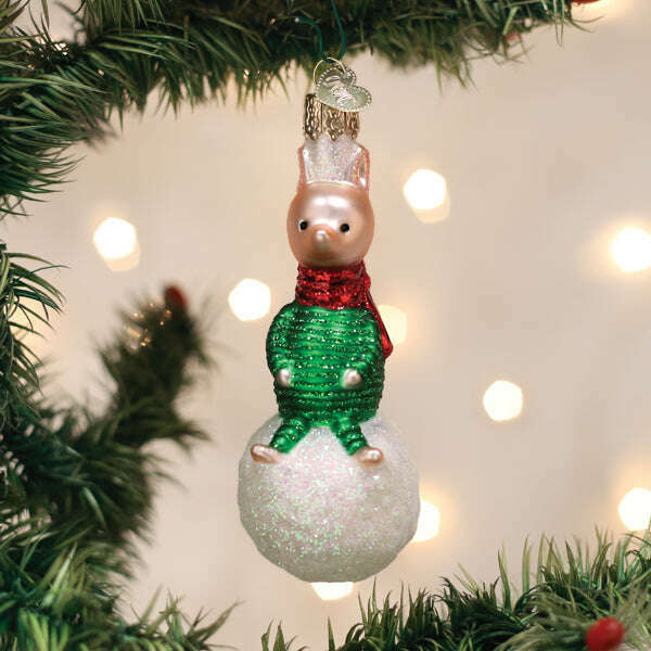 Old World Christmas Piglet On Snowball Blown Glass Ornament