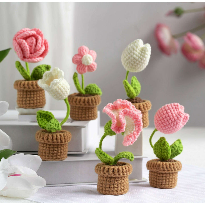 Pink and White Flowers. Potted Flower Amigurumi DIY Crochet Kit Wizardi F07N8-M23