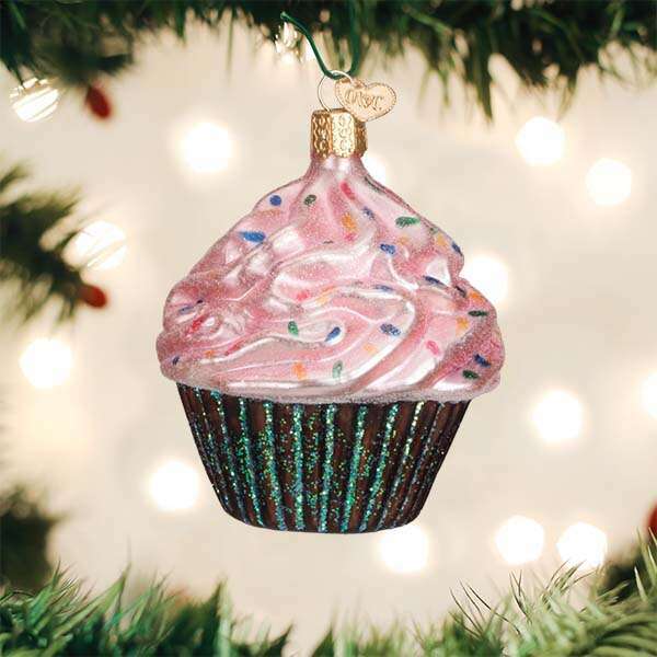 Old World Christmas Pink Chocolate Cupcake Blown Glass Ornament
