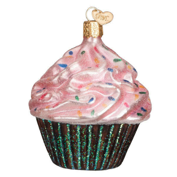 Old World Christmas Pink Chocolate Cupcake Blown Glass Ornament