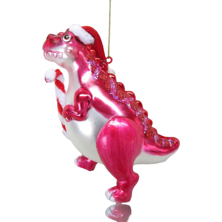 Pink Dinosaur w/Candy Cane Ornament by December Diamonds