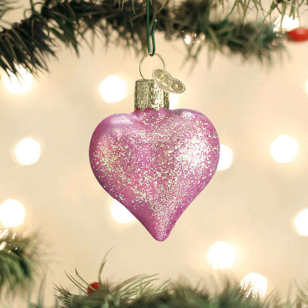 Old World Christmas Pink Glittered Heart Blown Glass Ornament