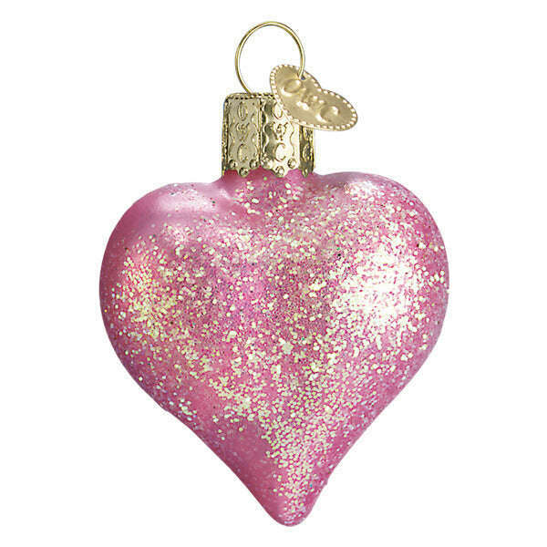 Old World Christmas Pink Glittered Heart Blown Glass Ornament