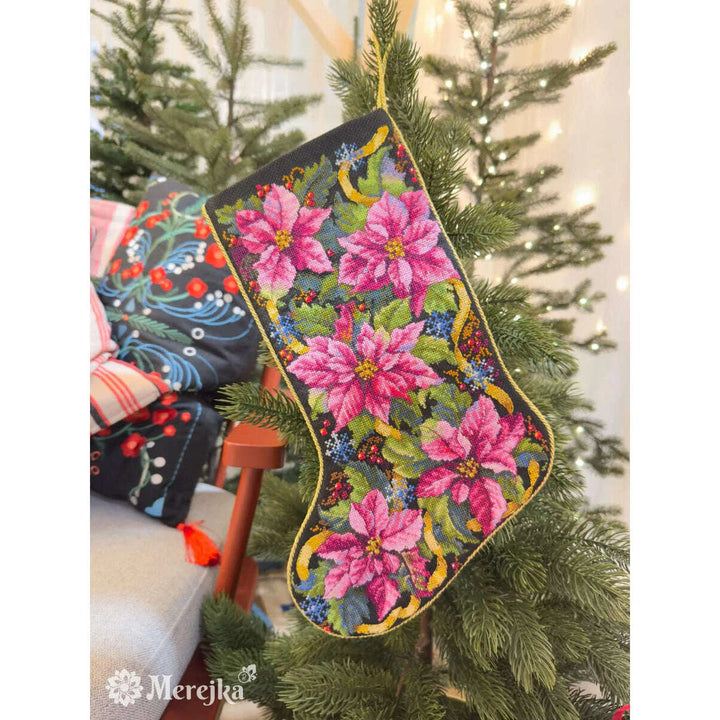 Pink Poinsettia Christmas Stocking K-262 Counted Cross-Stitch Kit