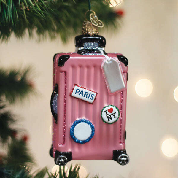 Old World Christmas Pink Rolling Suitcase Blown Glass Ornament