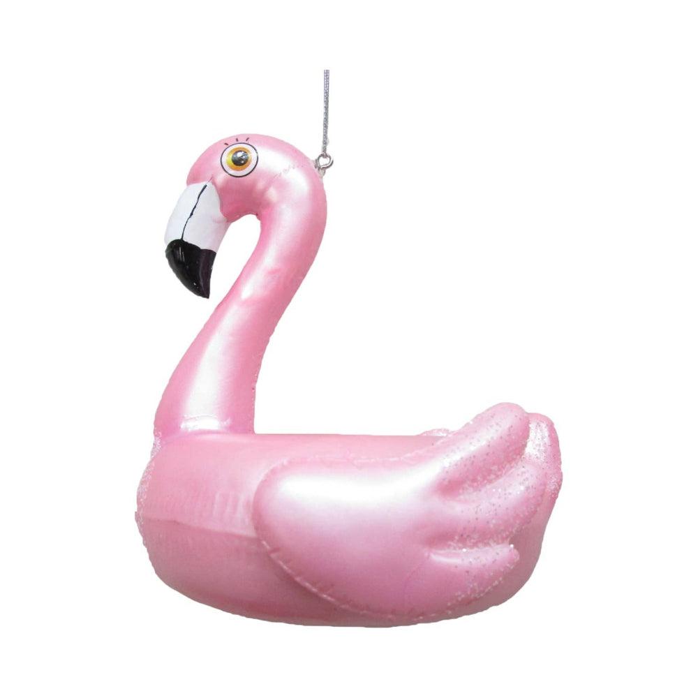 Pink inflatable flamingo pool float on a white backgroundb