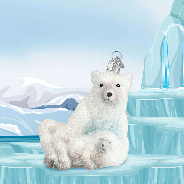 Old World Christmas Polar Bear With Cub Blown Glass Ornament