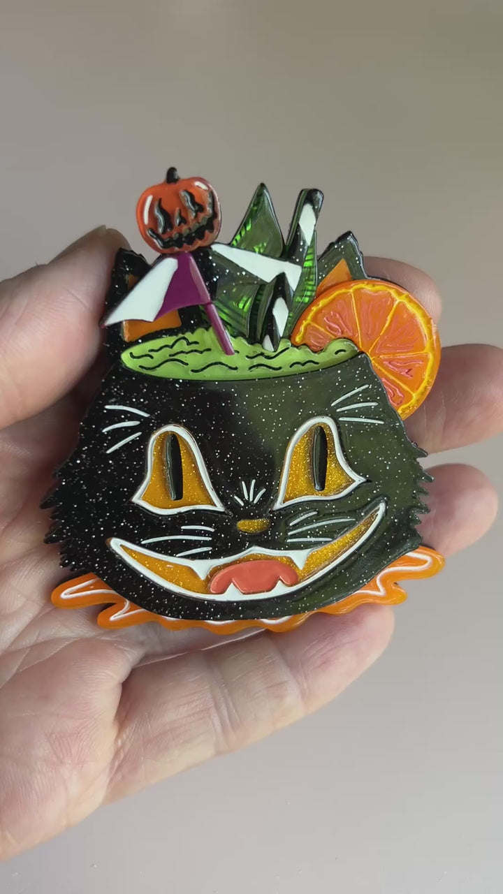 Tiki Black Cat Halloween Cauldron Brooch by Miss Fluff and Lipstick and Chrome
